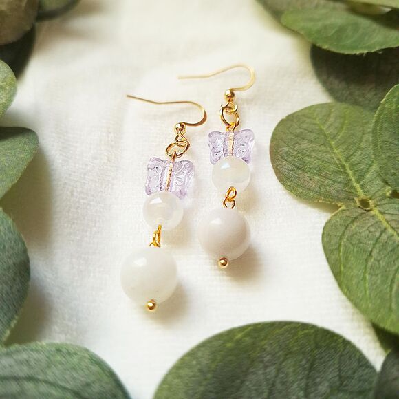 Fairycore Butterfly Glass & White Chalcedony Drop Earrings – 24k Gold Plated - Picture 5 of 9